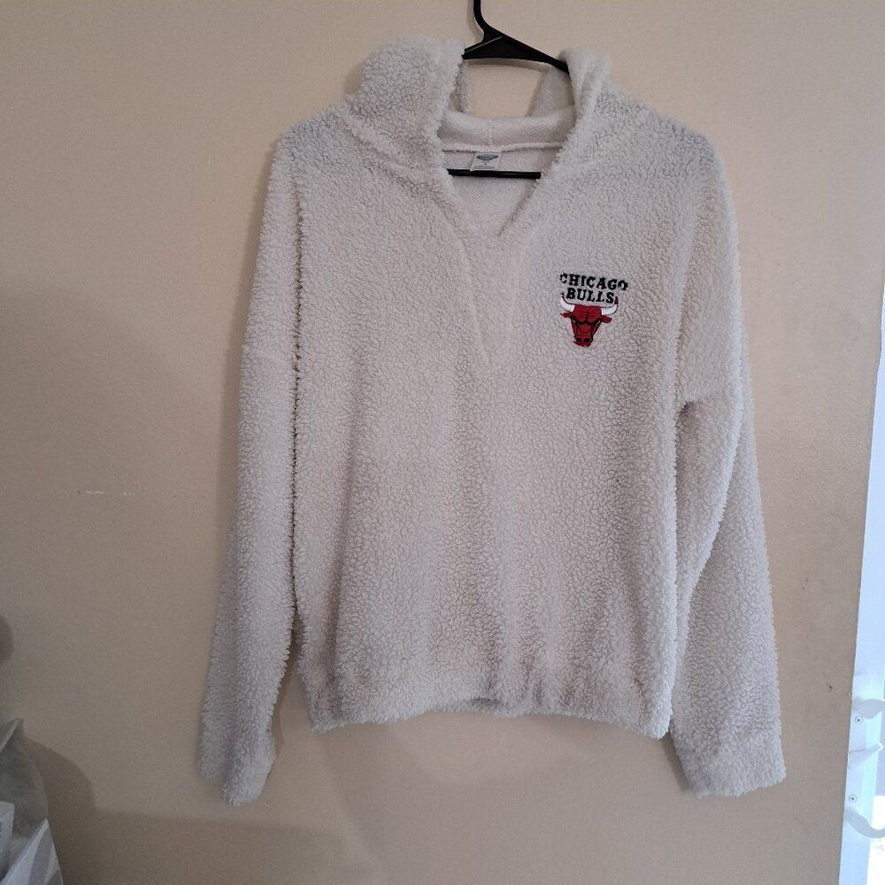 Womens Sweater Chicago Bulls Ivory Fuzzy Fleece Sherpa Hoodie Sz M